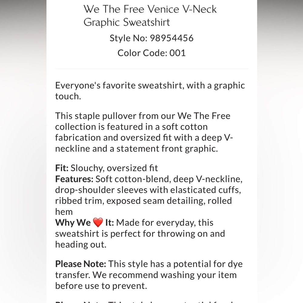 FREE PEOPLE WE THE FREE VENICE V-NECK GRAPHIC SWEATSHIRT UPSTATE NY NWOT sz L - Picture 8 of 10